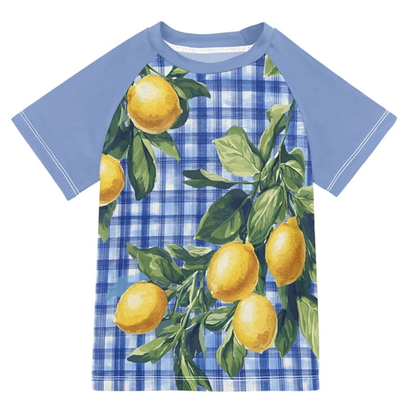 FORMRS Boys Rash Guard Short Sleeves Swim Shirt Quick Dry UPF 50  Sun Protection, Sizes 3-12T, Green Lemon Plaid