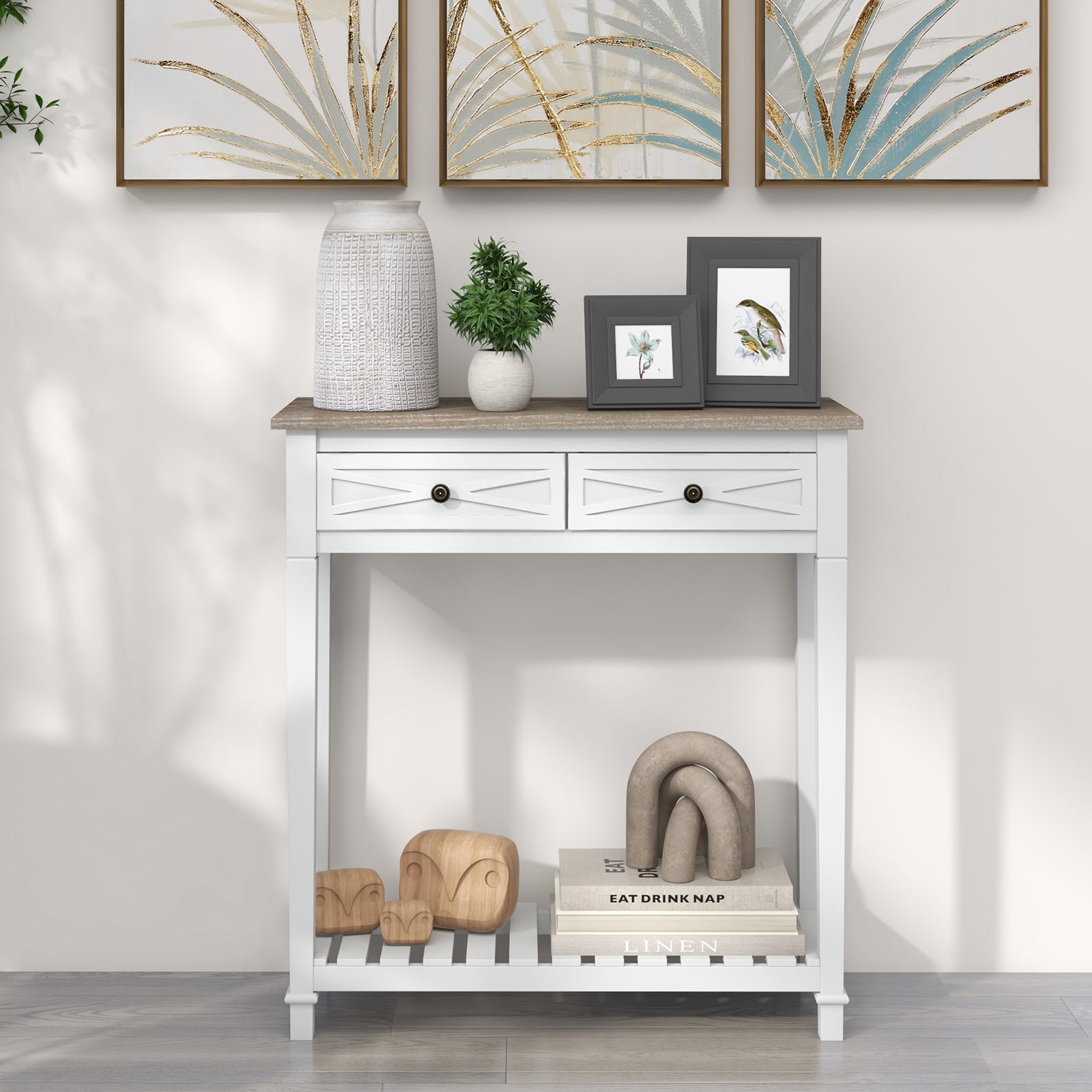 Kinbor Modern Console Table 2 Drawer and Storage Shelf for Entryway Living Room Hallway White