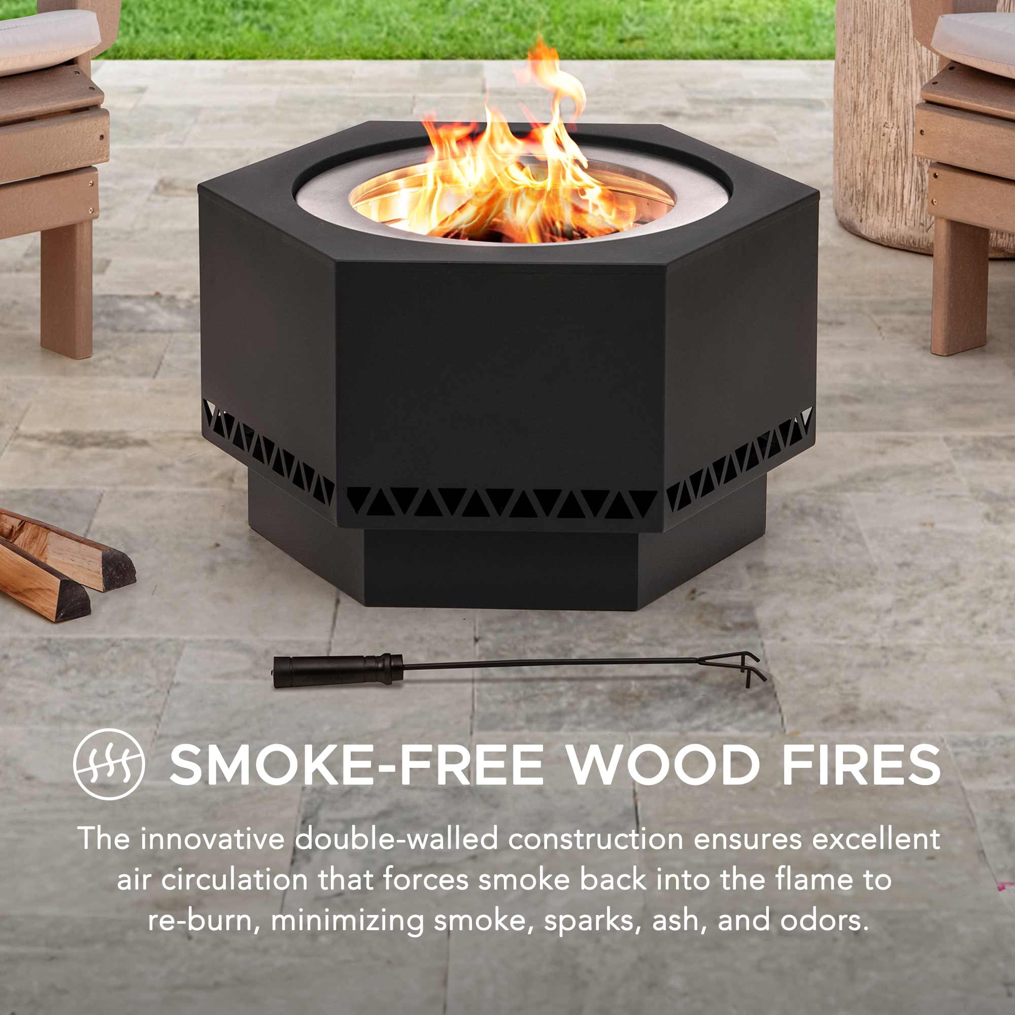 Sunjoy Fire Pit Smokeless Outdoor , Patio Wood Burning Smokeless Firepit 26 inch Hexagonal , Black