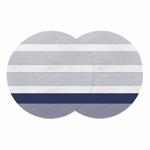 Navy Blue Stripe Round 15 Inch Placemats Set of 2, Modern Rustic Horizontal Blue Striped HeatResistant Non Slip Place Mats for Dining Table, Wipeable Braided Kitchen Table Mats for Housewarming