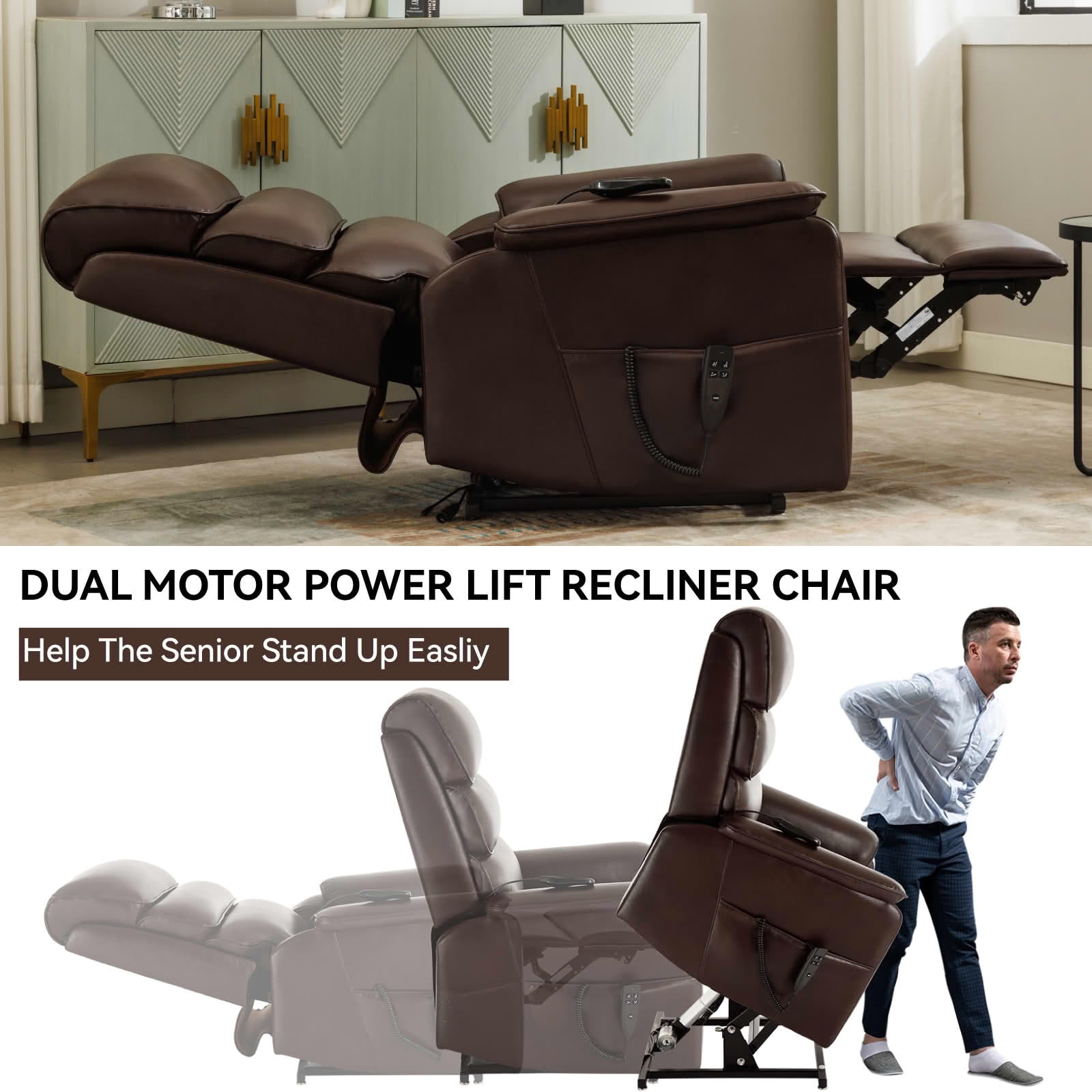 MAYEERTY Brown Dual Motor Power Lift Recliner, 350lbs 180° Infinite Position Heat Massage Chair with Remote Heavy Duty for Home