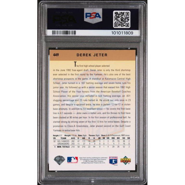 Graded 1993 Upper Deck Derek Jeter #449 Rookie RC Baseball Card PSA 9 Mint  - Walmart.com