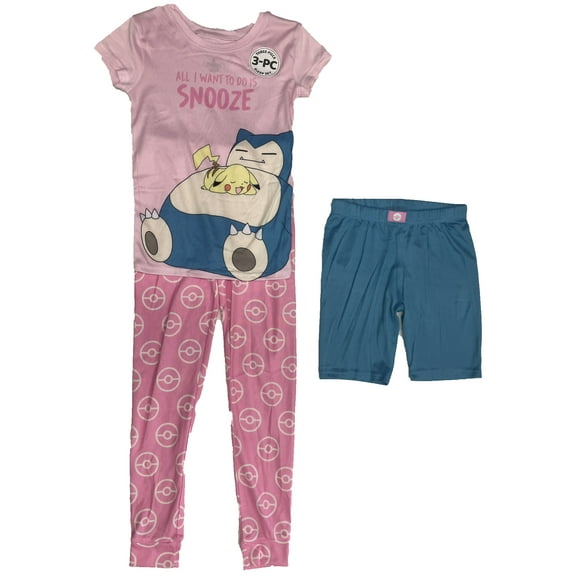 Girls' Pokémon 3pc Pajama Set - Pink 8: Pikachu & Snorlax, Crew Neck, Jersey Fabric