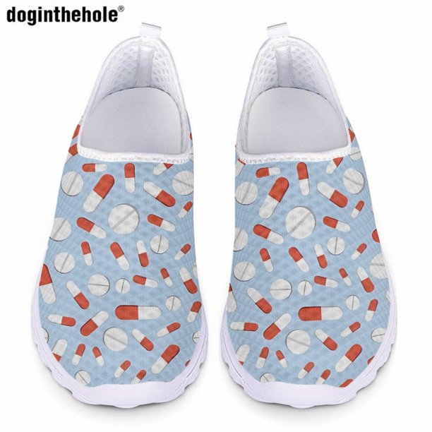 Zapatos planos casuales de verano para mujer, zapatillas sin cordones con estampado de equipo médico, cómodos zapatos de enfermera de malla transpirable