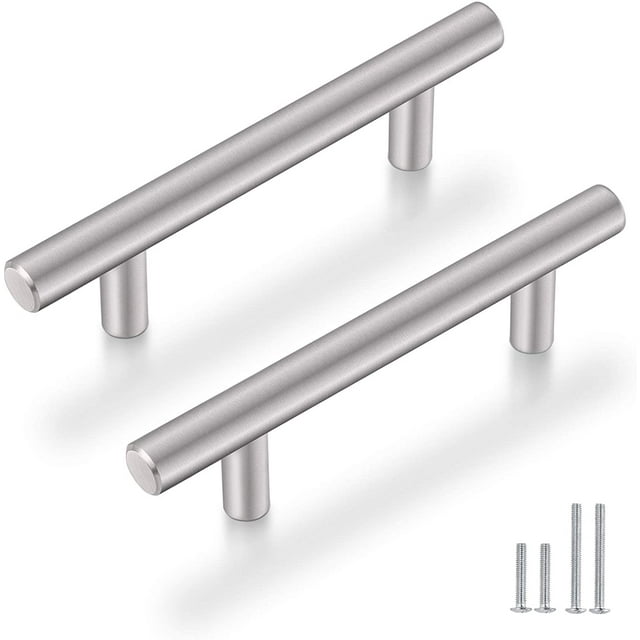 (10 Pack) Probrico Solid Stainless Steel Modern Euro Style Cabinet Pulls Dresser Drawer Handles Satin Nickel 3-3/4" Hole Center T Bar Kitchen Cupboard Handles 6" Overall Length Furniture Hardware