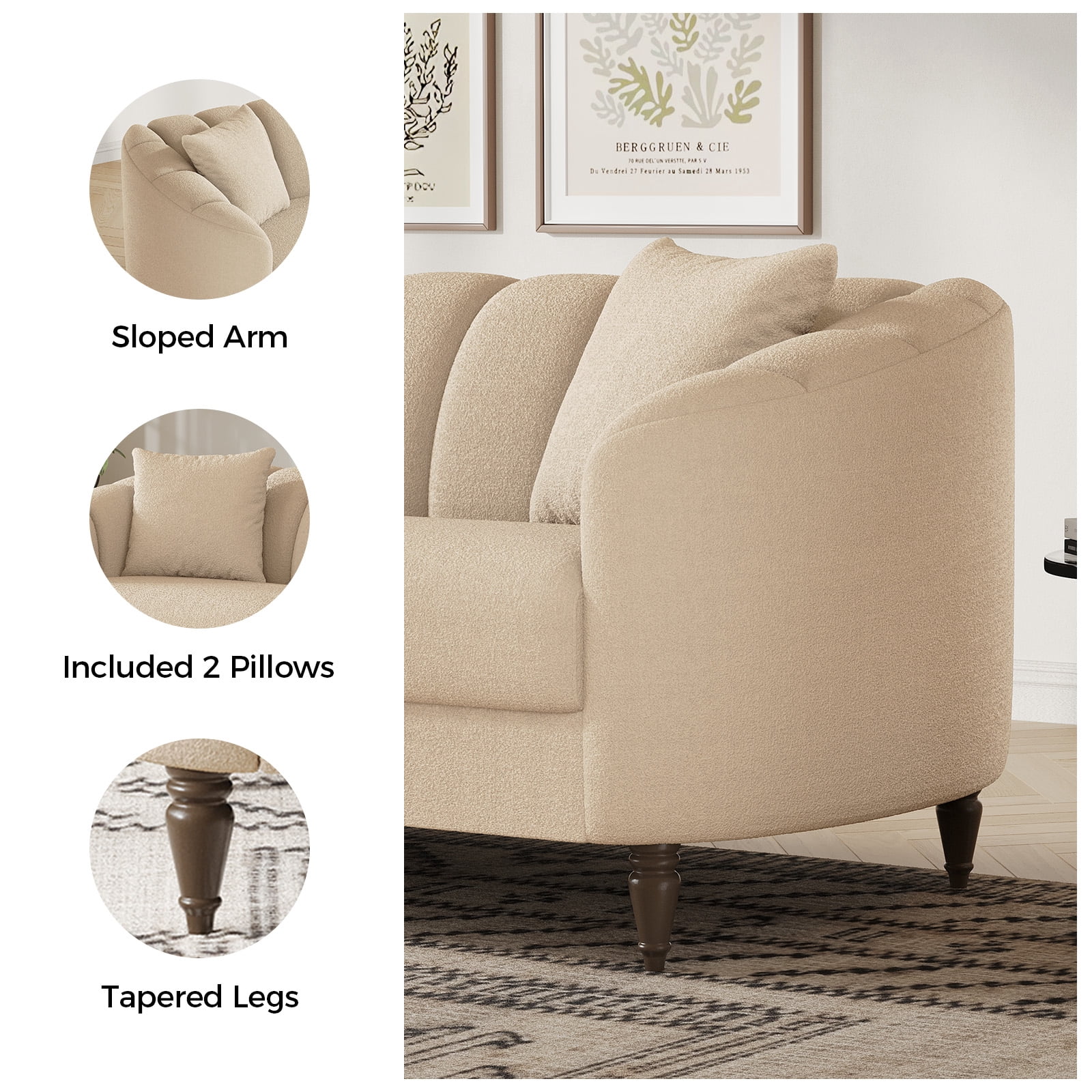 COPIAE 82 Inch Loveseat Sofa,Modern Couch and Sofa,Curved Petal Design Furniture,Sturdy and Easy Installation,Small Sofa for Living Room Bedroom Office and Apartment,Terry Fleece Fabric Apricot
