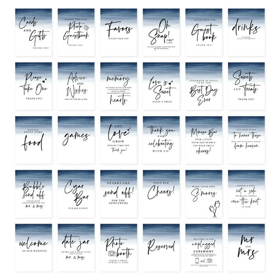 Koyal Wholesale Navy Blue Ombre Watercolor Wedding Signs Bundle Set for Ceremony, Reception Decor Signage, 30-Pk