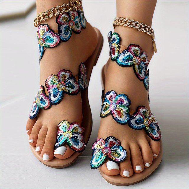 Sandalias Planas Con Flores Para Mujer, Zapatos Sin Cordones Con Perlas De Imitación Y Puntera A La Moda, Sandalias Informales Para Viajes En La Playa