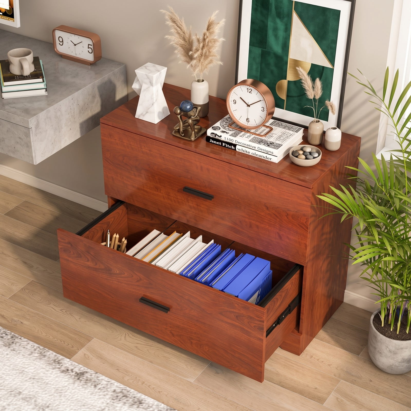 Furnibear 2-Drawer Lateral File Cabinet with Adjustable Bars, Wood Filing Storage Cabinet for Letter Legal A4 Files, Anti-Tilt Home Office Printer Stand, Walnut