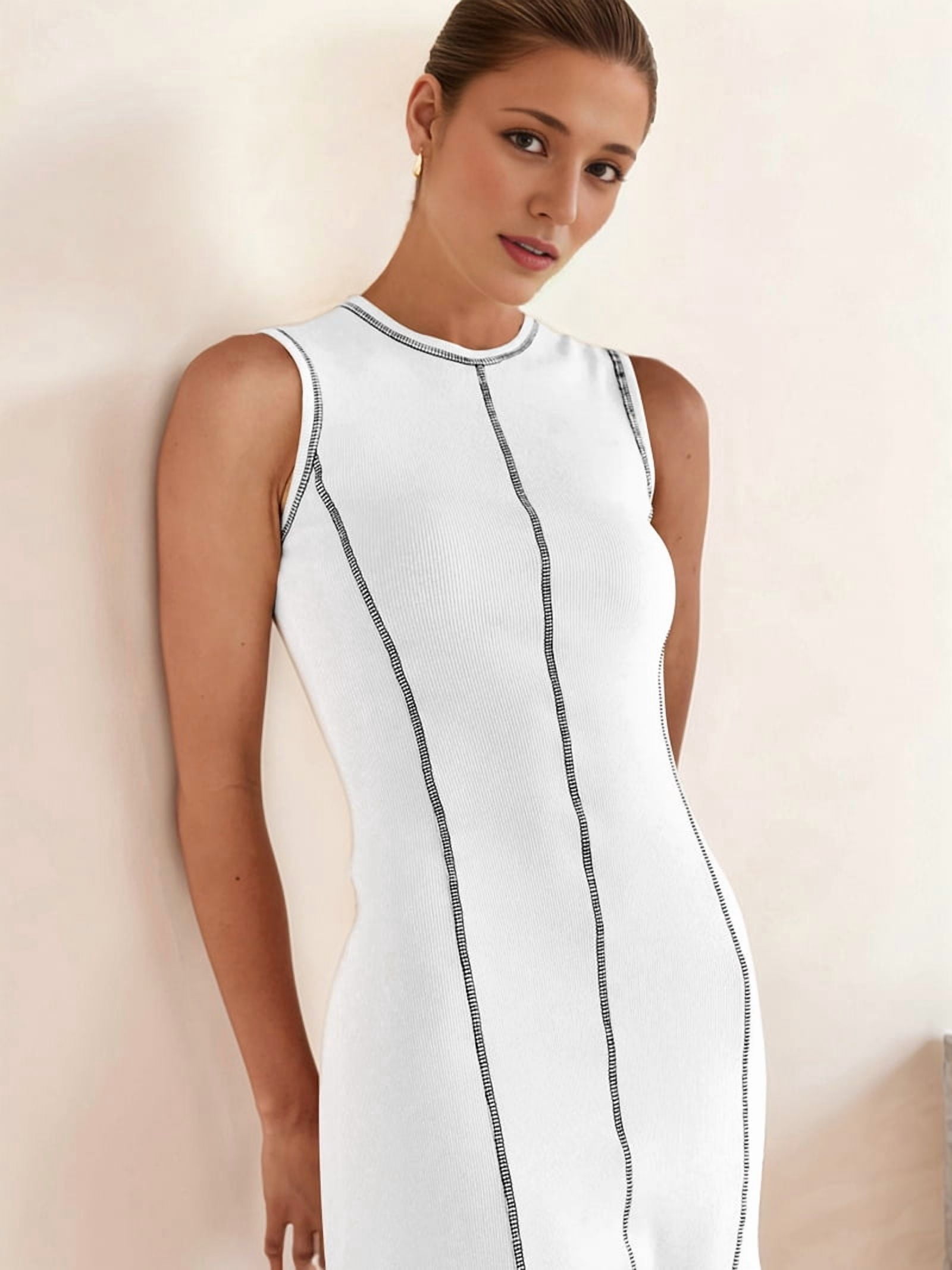 Womens Sleeveless T Shirt Dress Summer Contrast Ribbed Knit Tank Maxi Dresses White M