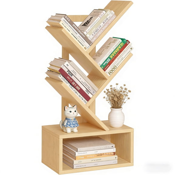 Buildhom 3-Tier Small Tree Bookshelf with Drawer, Desktop Wood Bookcase, Mini Display Shelf for Home Office, Bedroom, Natural