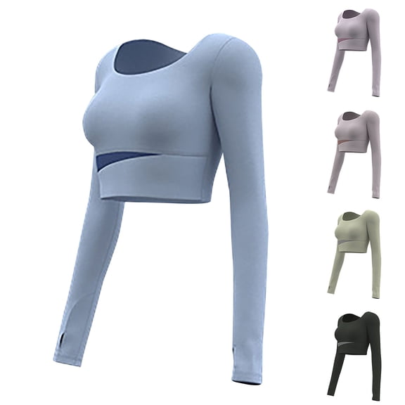 Wlynlyn Workout Crop Tops for Women Long Sleeve Athletic Shirts Cut out Front Gym Running Yoga Tights Top