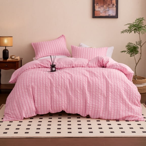 Sleep Zone Striped Seersucker Duvet Cover Set Twin/Twin XL, OEKO-TEX Soft Breathable Bedding, Lightweight All-Season Use, Hidden Zipper & Corner Ties, Machine Washable (Pink, Twin/Twin XL)