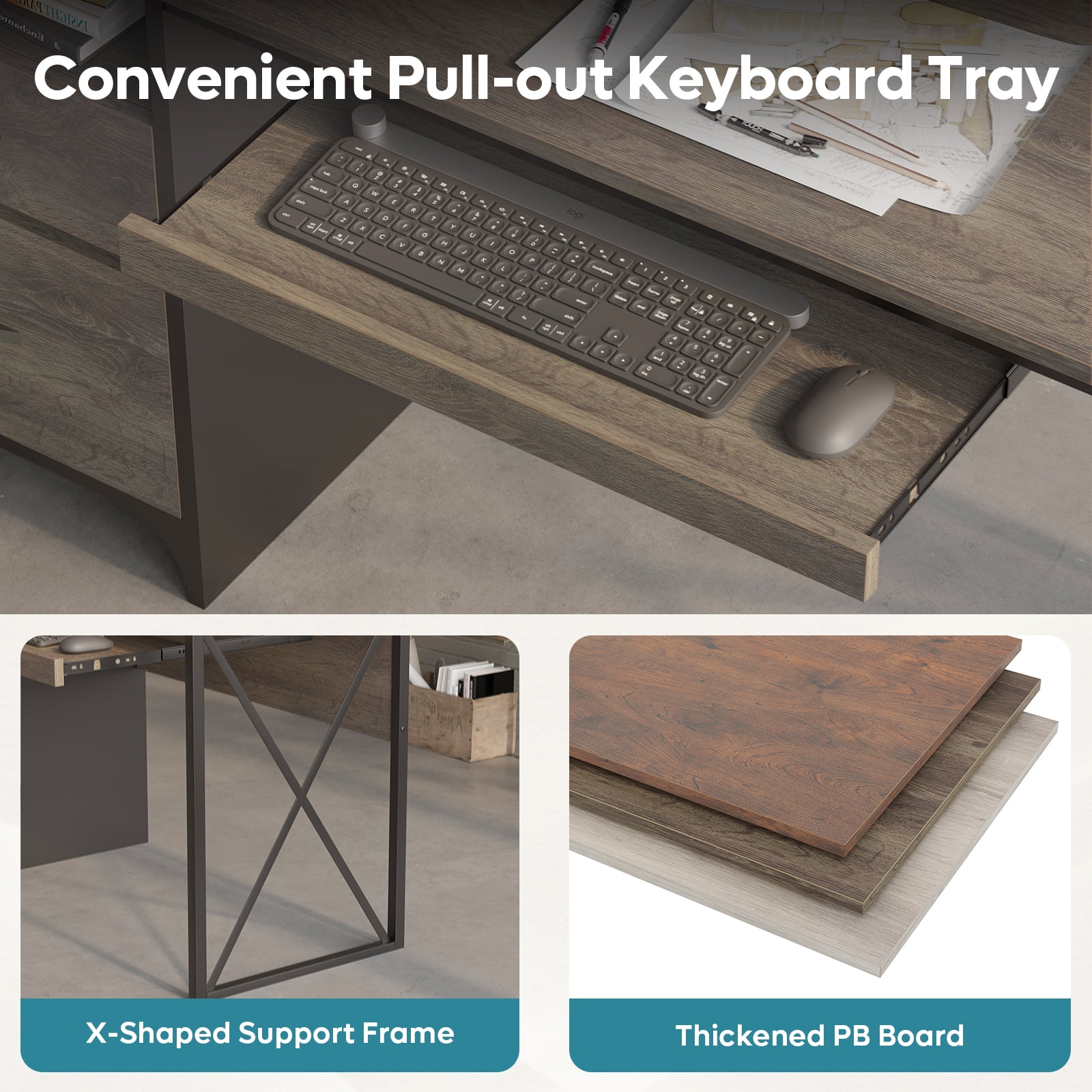 Bestier 55 inch Computer Desk with Drawers & Keyboard Tray & File Cabinet Home Office Desk in Grey