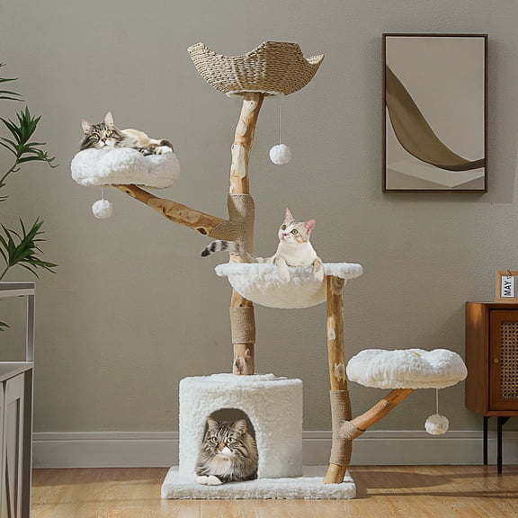 Pawzroad 59" Modern Cat Tree Natural Branch Cat Tower Luxury Furniture with Scratching Posts for Large Cats, White