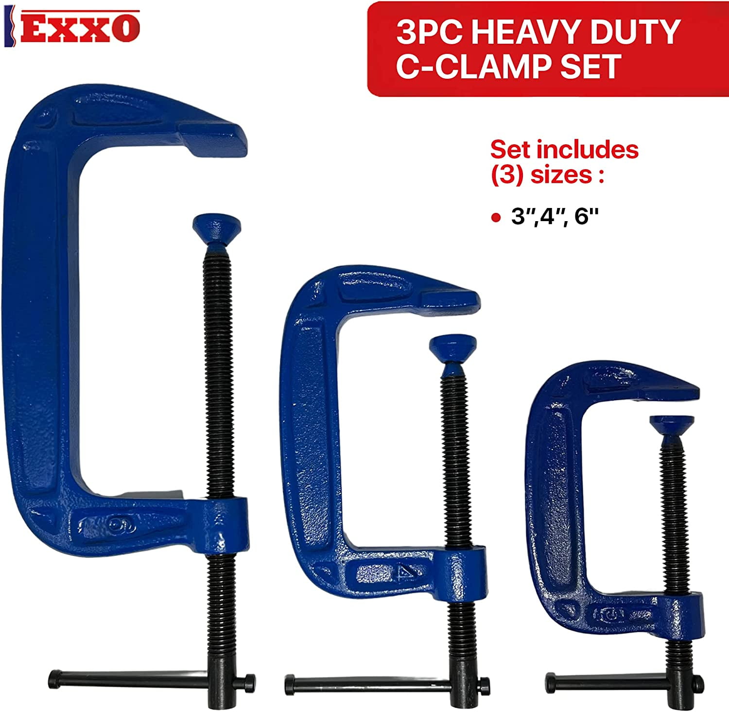 EXXO TOOLS C Clamp Set - 3PC C Clamps Heavy Duty Iron C
