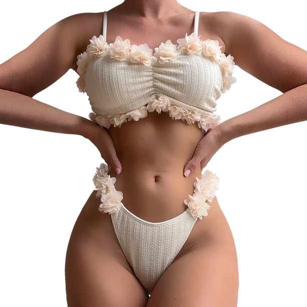Gibobby Trajes de Baño Mujer Conjunto de bikini de traje de baño con correa de ajustable con cuello en V y cintura alta sexy a la moda para mujer(Blanco,CH)