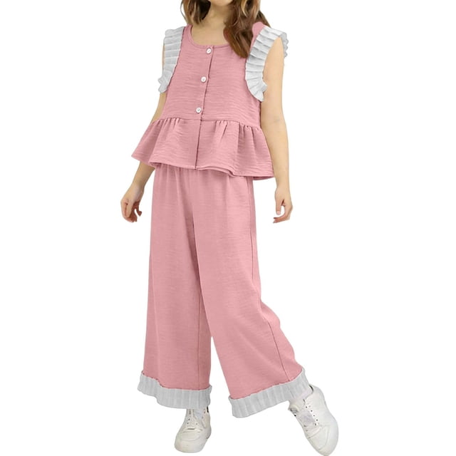 Zpanxa Ensembles Courts pour Filles Enfants à Carreaux Sans Manches Col Rond Haut Pantalon à Jambe Grand Ensemble Décontracté 2 Pcs 10-11 Ans
