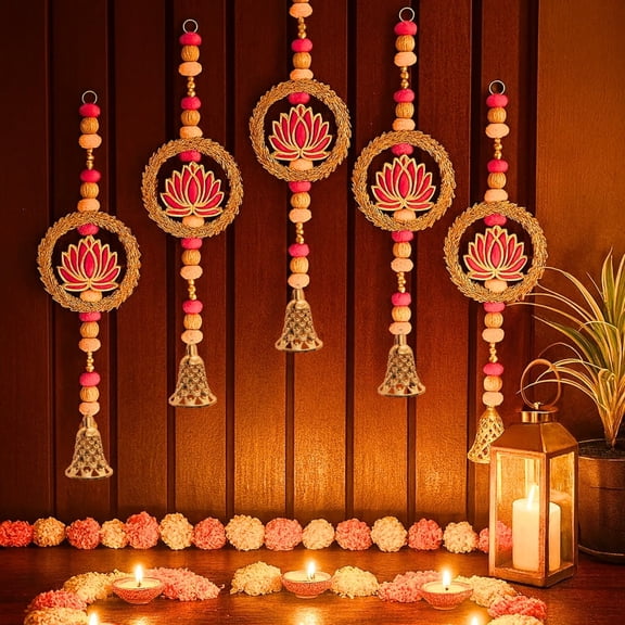 IndianStore01 16-inch Handmade Pink Lotus Floral Hanging Ornaments, Set of 6