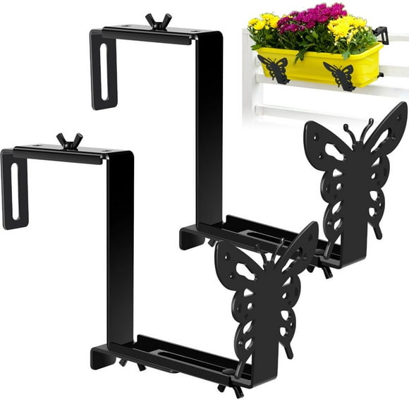 Planter Box Bracket Set Adjustable Flower Box Brackets for Patio Garden Fence Pergola Balcony Fences and Balcony - Black