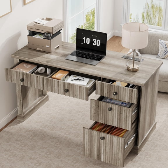 Modern Fluted Executive Office Desk 54'' – Built-in Charging Station, File Drawers, Generous Storage – Wooden Computer Desk for Home Office, Study, Bedroom – Vintage Gray
