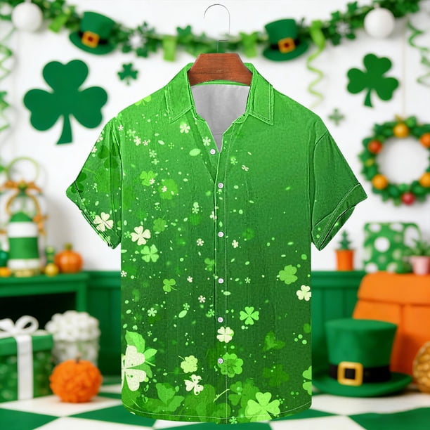 Ceisia Men's St. Patrick's Day Gradient Green Shamrock Print Stretch Short Sleeve Shirt Multicolor XXXXL Gifts