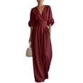 thumbnail image 2 of Women's Light Blue V-Neck Wide-Leg Jumpsuit, Batwing Sleeve Ruched Waist Maxi Jumpsuit Red 3XL, 2 of 3
