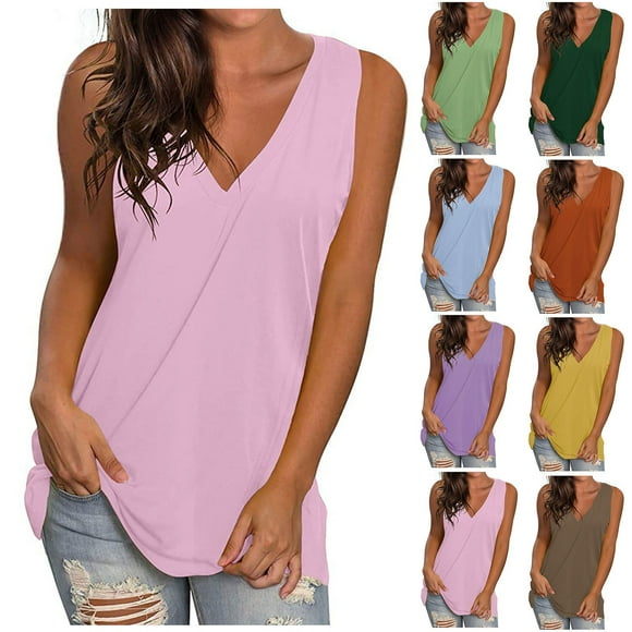 Brqkzdu Women Tank Tops Summer Wide Strap V Neck Sleeveless Shirts Casual Comfy Loose Fit Lightweight Beach Tanks