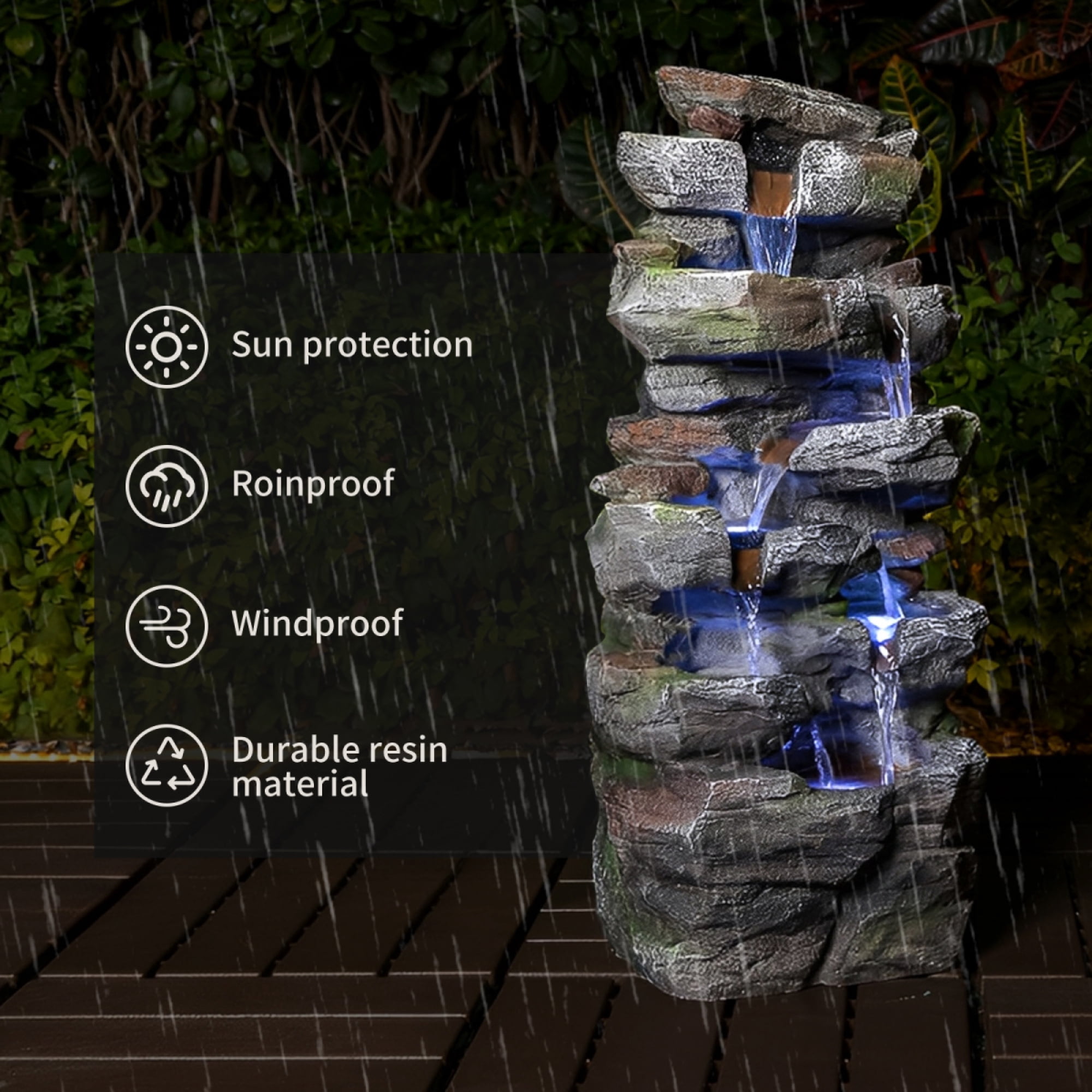 24" Outdoor Rock Waterfall Fountain with Cool LED Lights, 5-Tier Cascading Resin Water Feature for Serene Garden, Patio, Backyard and Porch Decor