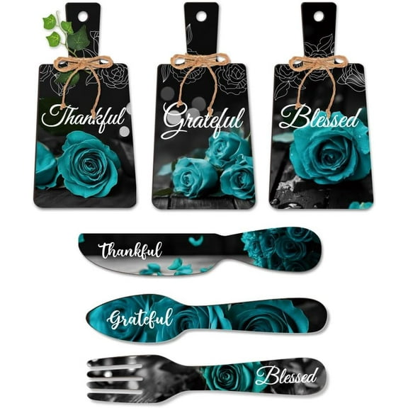 6pcs Rose Wooden Sign Wall Decor Eat Thankful Grateful Blessed Wood Cutting Board Art Hanging Fork Spoon Dining Sign Farmhouse Tiered Tray