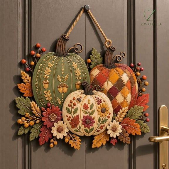 Fall Pumpkin Door Hanger, Wooden Autumn Wall Sign, Thanksgiving Farmhouse Porch Decor With Leaves