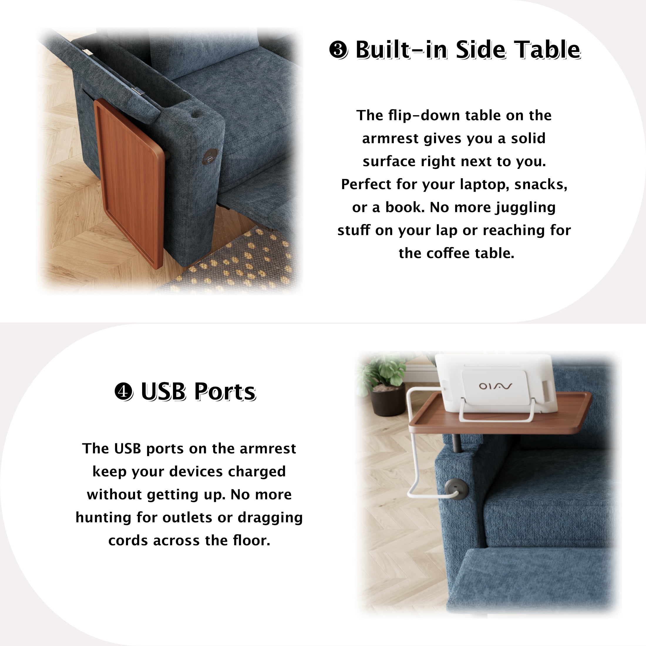 ShiKeyi 83" 3-in-1 Convertible Sofa Bed, Chenille 3 Seater Couch with Sleeper Sofa Function, Adjustable Backrest, USB Ports & Storage Armrests, Blue