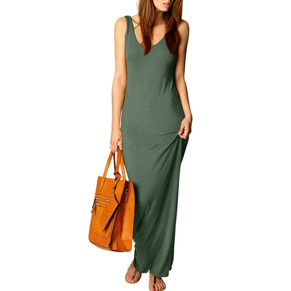 Jzuxvd Women's Jersey V-Neck Tank Maxi Length Dress Green M