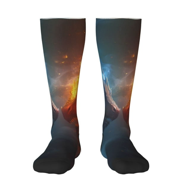 Fotbe Red And Blue Fire Dragon E Calcetas Divertidas Estampadas para Hombre y Mujer, Calcetas de Algodón hasta la Rodilla para Caminar, Correr, Enfermería y Embarazo