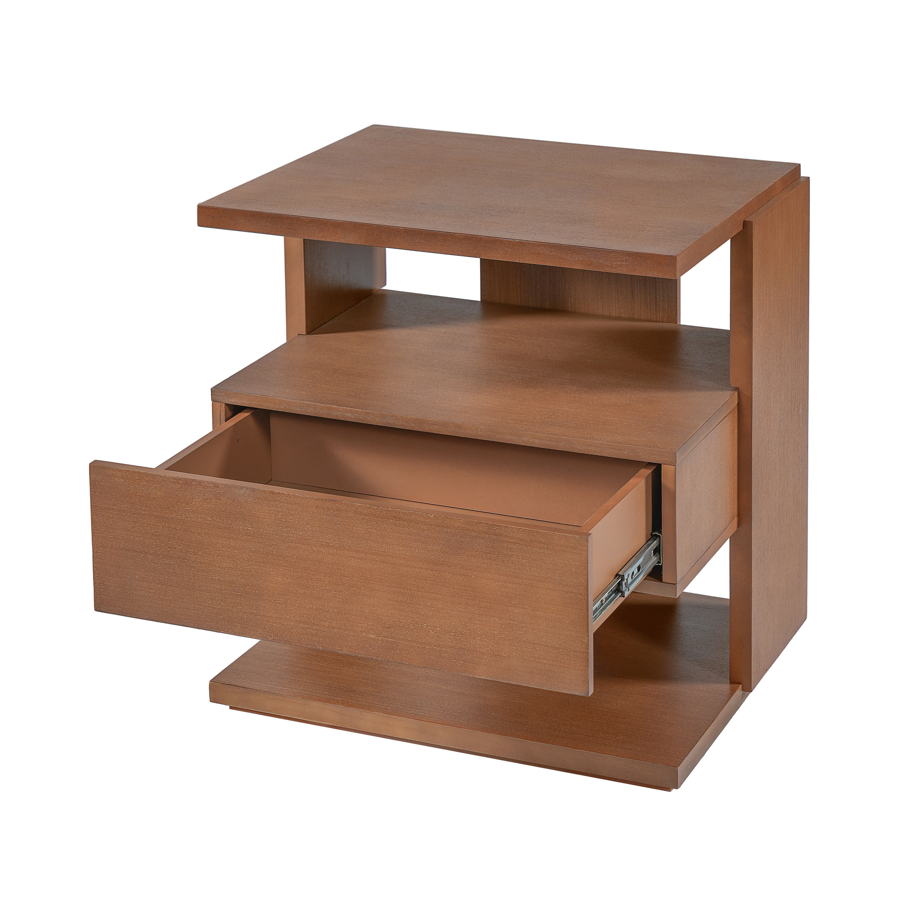 Euroco Modern Floating Nightstand with Drawer, Wood Bedside Table with 3-Tier Open Storage Shelves ,Unique C-Shape End Table for Bedroom,Living Room,Space-Saving,Brown