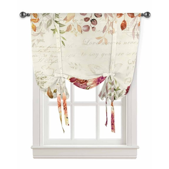 Fall Botanical Tie Up Curtains for Kitchen Bathroom Bedroom Windows 45 Inch Length, Orange Red Thanksgiving Maple Leaf Vintage Balloon Drape Curtains Shade Rod Pocket Drapery Curtain Panel, 42"x45"
