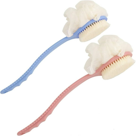 Siloon 2 pcs Shower Body Brush With Bristles and Loofah,Back scrubber bath mesh sponge with curved long handle for skin exfoliating bath,Men and Women (Pink Blue)