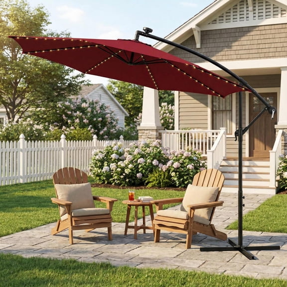 Aimee Lii 10 Feet Patio Offset Umbrella with 112 Solar-Powered LED Lights, Sunbrella Patio Umbrellas, Red