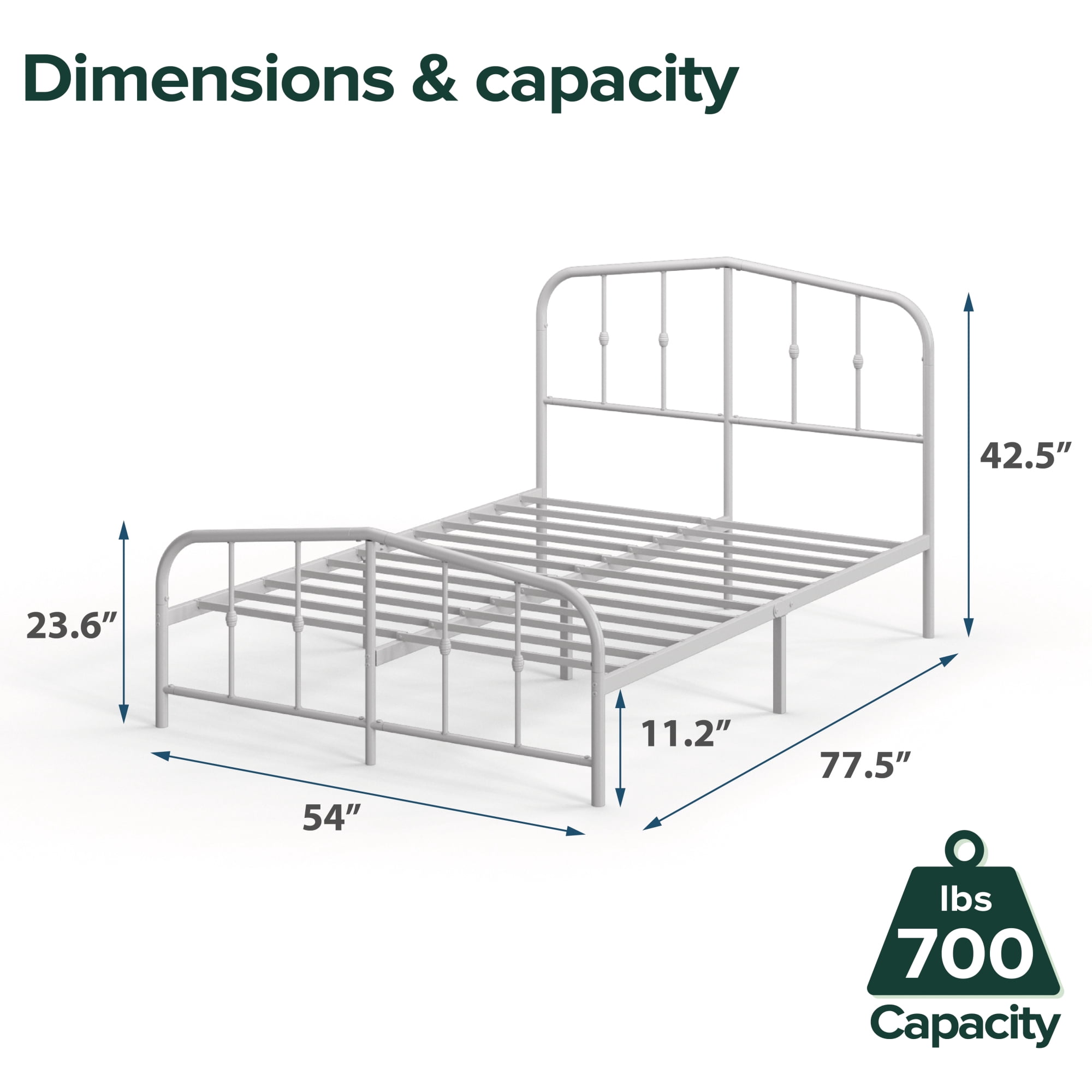 Zinus Heidi 42.5" Farmhouse Metal Platform Bed Frame, White, Full