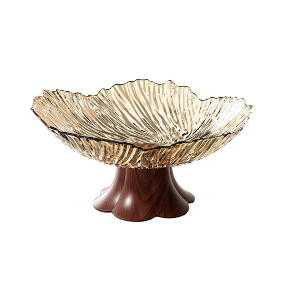 Gold Clear Petal Shape Faux Wood Grain Pedestal Serving Bowl Plastic Vintage Style For Fruit Candy Snacks Home Kitchen
