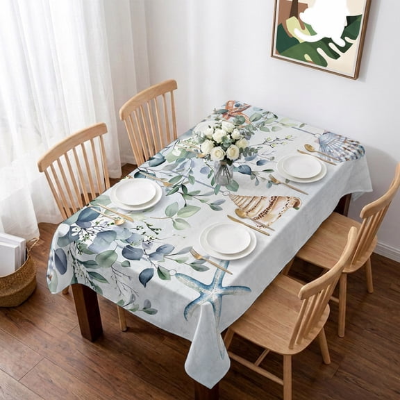 Blue Coastal Table Cloth Waterproof Tablecloths, Eucalyptus Leaves Summer Beach Starfish Tablecloth Dining Table Cover for Kitchen Party Tabletop Outdoor, Rectangle Tablecloth 60x102 Inch