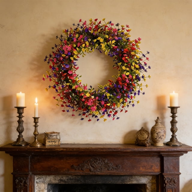 2026 Spring Kids Breath Camellia Wreath 17.71In Delicate Visual Appearance Dry Environment Storage All Season Display Feature Ornament for Home Garden Gate Front Door Mantel Festival Decor