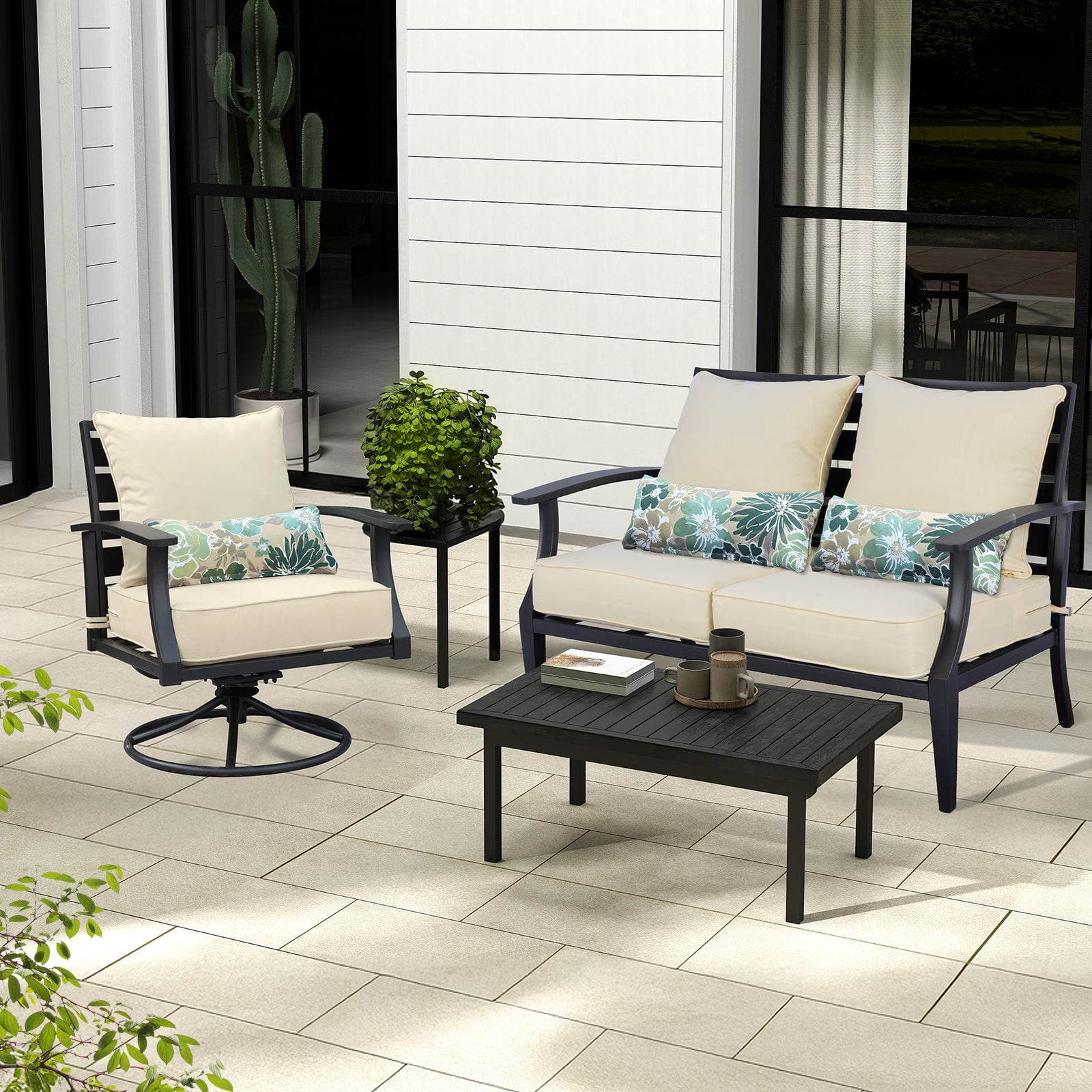 Aoodor 22" x 24" Patio Chair Cushions Set, Memory Foam Outdoor Deep Seat Cushions (1 Seat, 1 Back, 1 Lumbar Pillow) - Cream Yellow