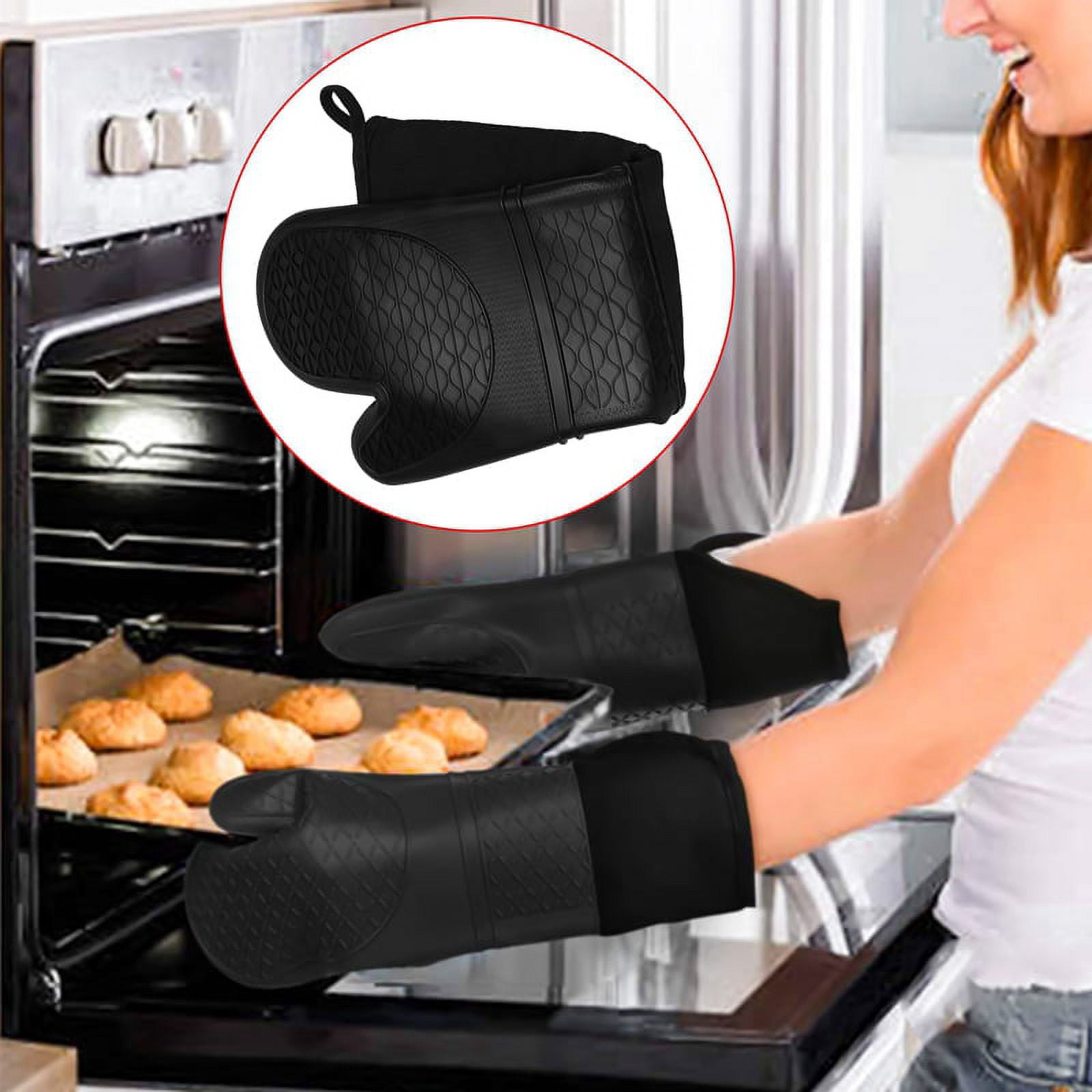 Extra Long Silicone Oven Mitts Heavy Duty Commercial Grade Oven Mitts Heat Bbq Gloves with Quilted Cotton Lining 2 Pack