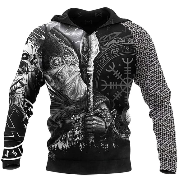Puliio Men's Viking Zip Up Hooded Jacket Thick Fleece Sweatshirt Elder Raven Chainmail Rune Print Dark Tribal Outerwear With Pocket