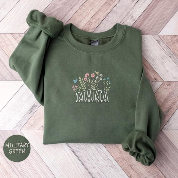 Floral Mama Embroidery Sweatshirt, Embroidered Sweater for Mom, Sweat for Women, Floral Crewneck for Wife, Gift for Mommy on Any Occasion
