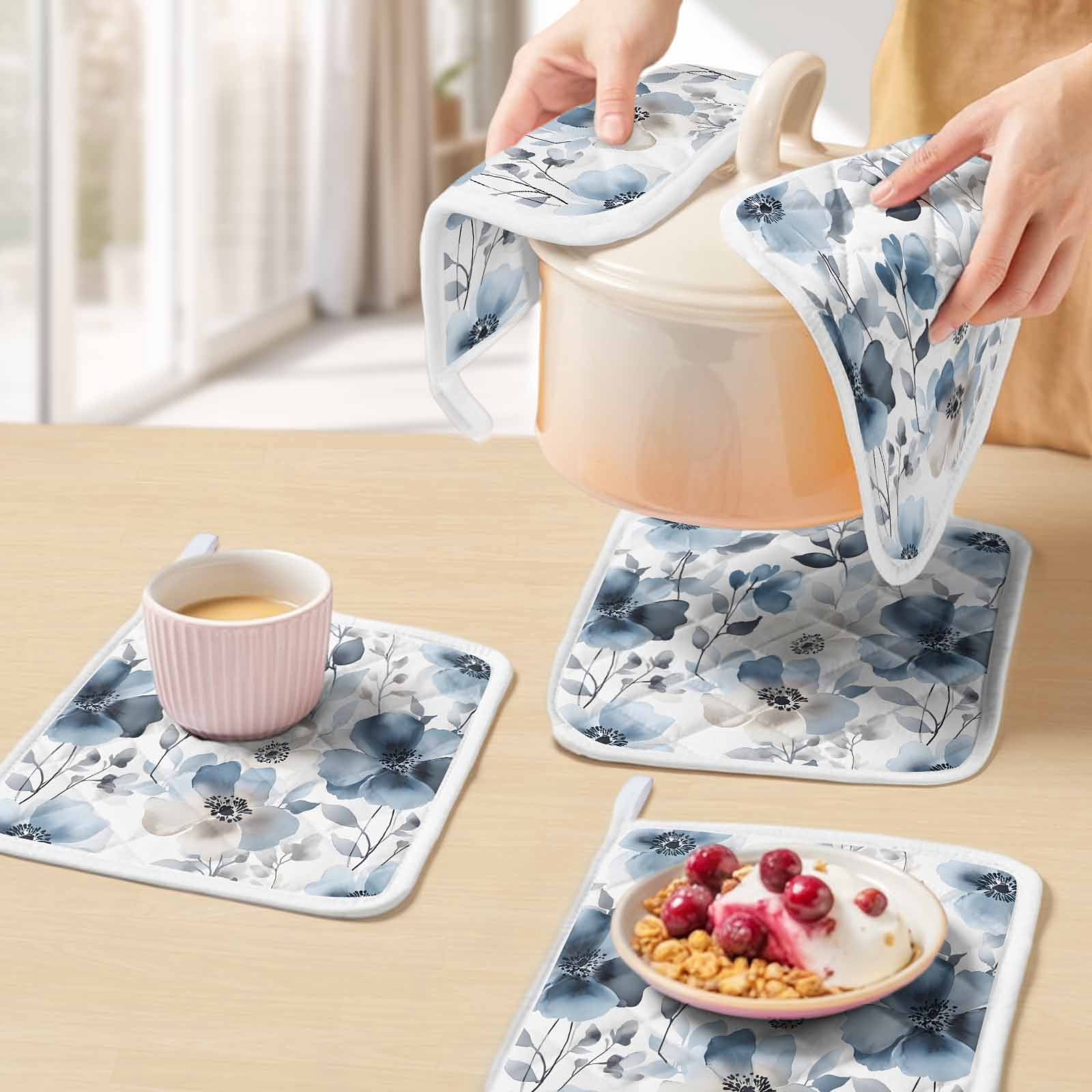 Blue Spring Floral Pot Holders for Kitchen Heatproof Potholder, 4 Pack Watercolor Summer Flowers Abstract Hot Pads Multipurpose Oven Pads Cloth Potholders Trivet for Cooking and Baking
