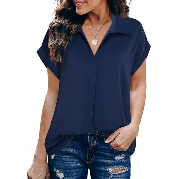 Womens Summer Tops Casual V-Neck Solid Color Short Sleeve T-Shirt
