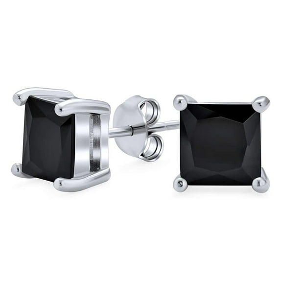 Divine Creation 1.20 Ct Princess Cut Black Diamond Push Back Mens Stud Earrings 14K White Gold Plated 925 Sterling Silver
