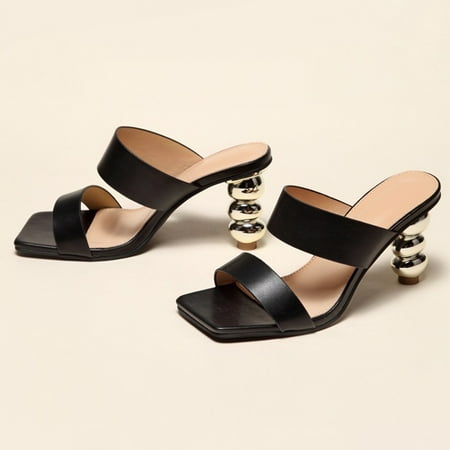 

Zpanxa Slippers for Women Shoes Gourd Skewers High Heels Square Toe Stylish Casual Solid Color Sandals Flip Flops for Women Black 36